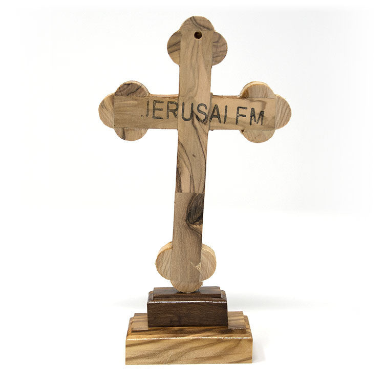 Byzantine Olive Wood Cross On Stand With 4 Holy Items