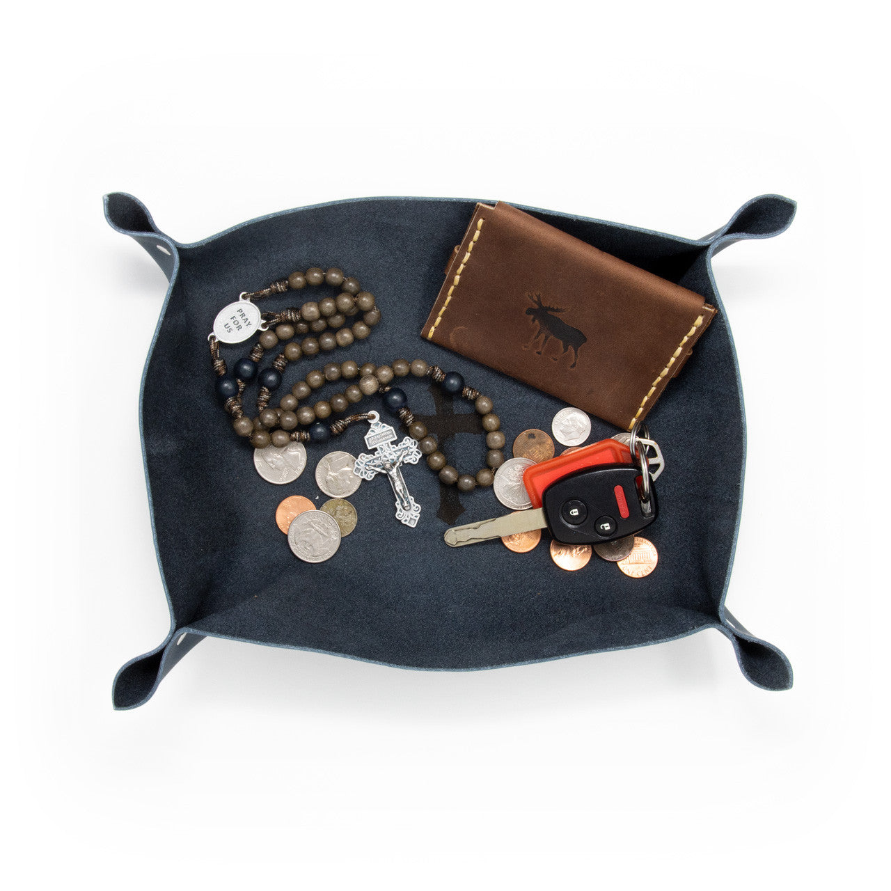 OreMoose || Valet Tray (Denim) - Handmade Leather Catchall Tray with Cross Design