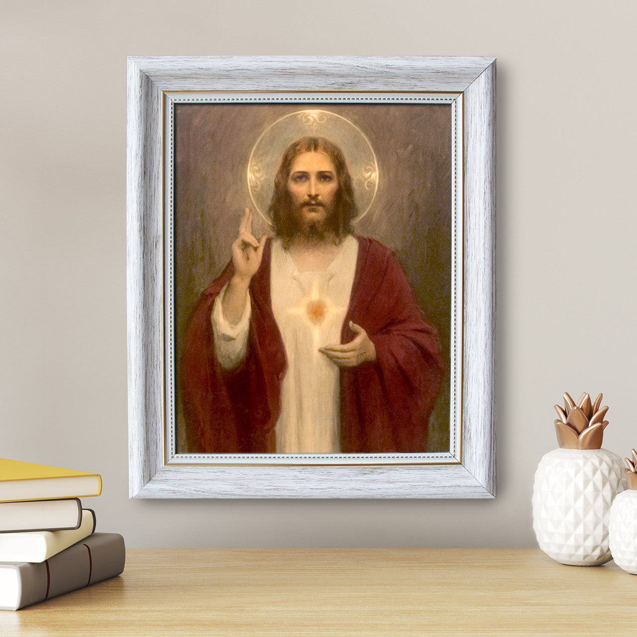 Sacred Heart of Jesus painting by Charles Bosseron Chambers - White Frame - Framed Canvas - 8" x 10" - Divine Mercy Vilnius