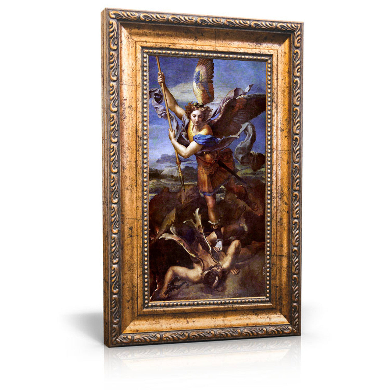 Saint Michael Vanquishing Satan painting by Raphael (1518) - Framed Canvas 6" X 11" - Trampling the Dragon
