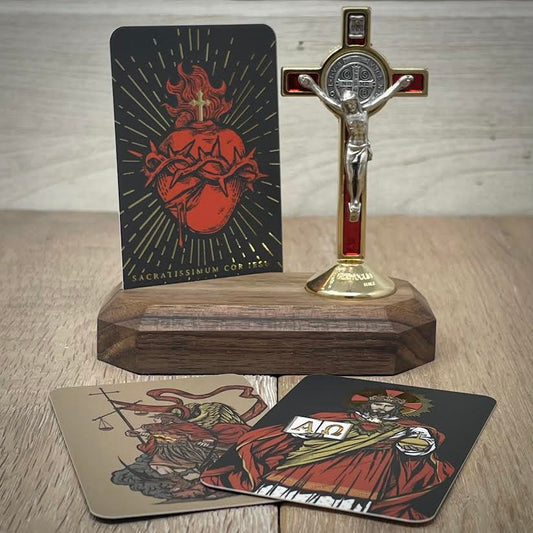 Home Altar with 3 Cards - Sacred Heart, St. Michael, King of the Universe  | Catholic Woodworker