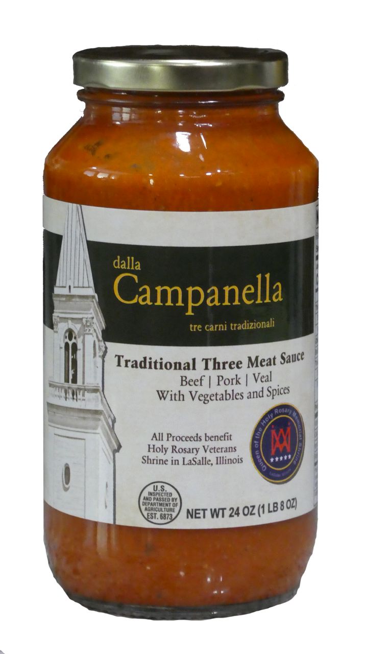 dalla Campanella tre carni tradizionali ("From the Bell Tower traditional three meat sauce").  Beef, pork, veal with added vegetables and spices.  A complete meal in a jar!