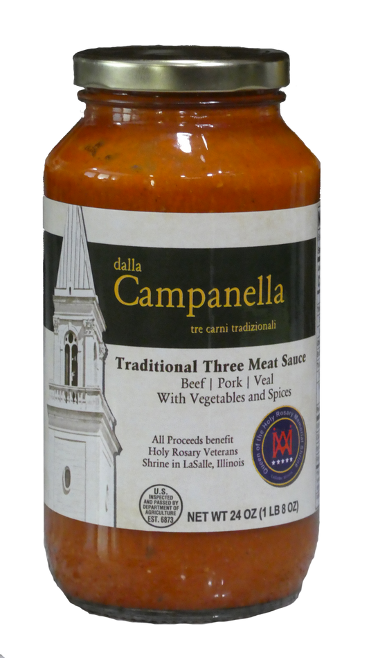 dalla Campanella tre carni tradizionali ("From the Bell Tower traditional three meat sauce").  Beef, pork, veal with added vegetables and spices.  A complete meal in a jar!