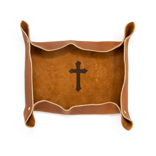 OreMoose || Valet Tray (Tan Casco) - Handmade Leather Catchall Tray with Cross Design