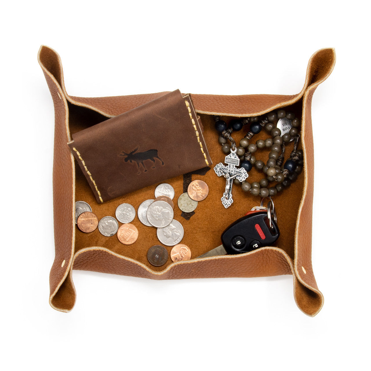 OreMoose || Valet Tray (Tan Casco) - Handmade Leather Catchall Tray with Cross Design