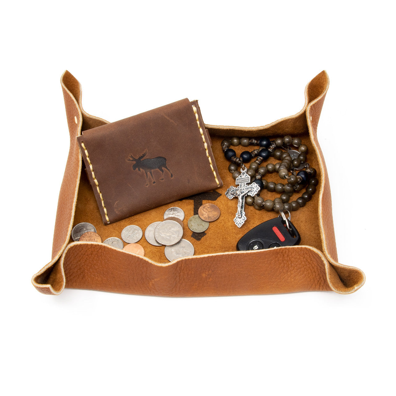 OreMoose || Valet Tray (Tan Casco) - Handmade Leather Catchall Tray with Cross Design