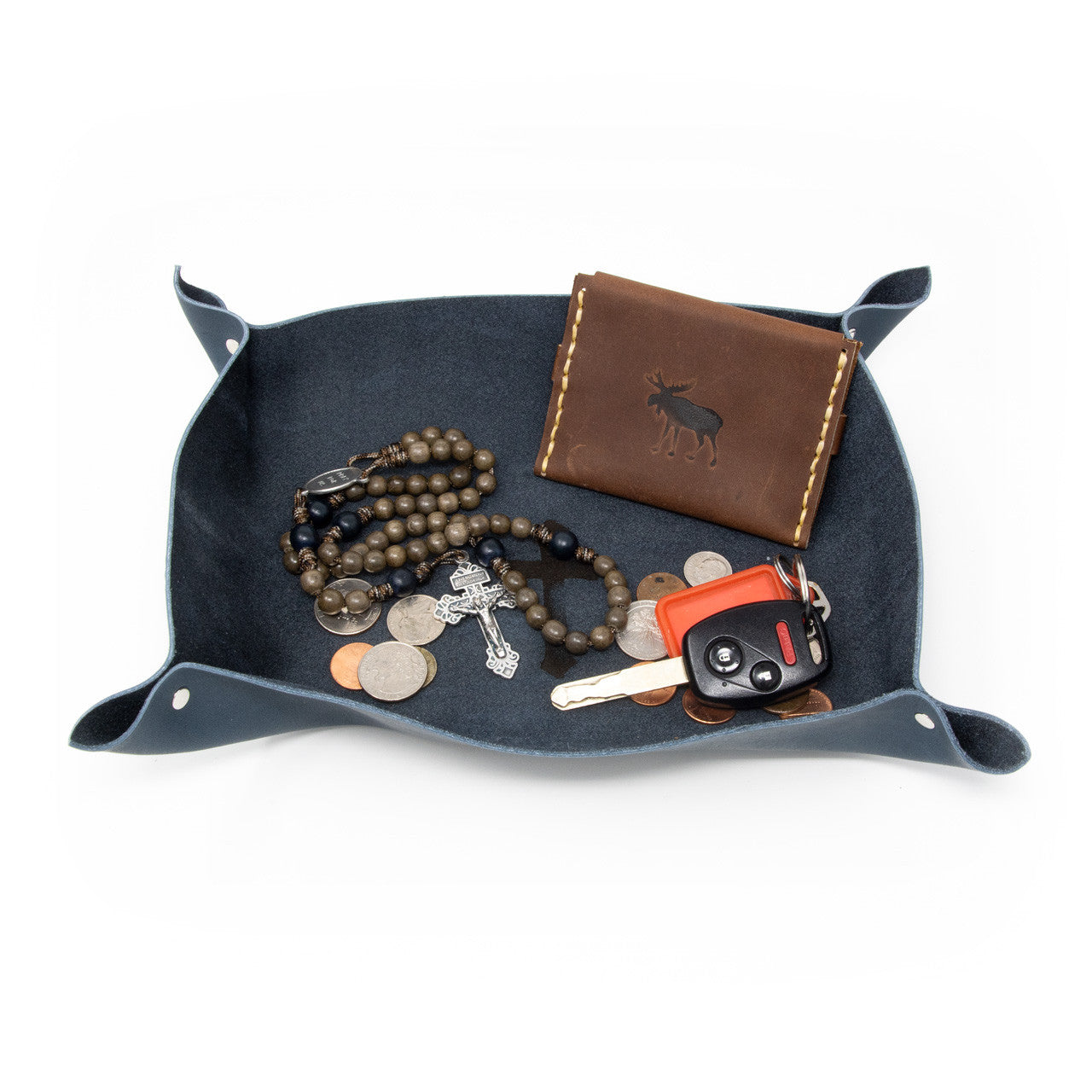 OreMoose || Valet Tray (Denim) - Handmade Leather Catchall Tray with Cross Design