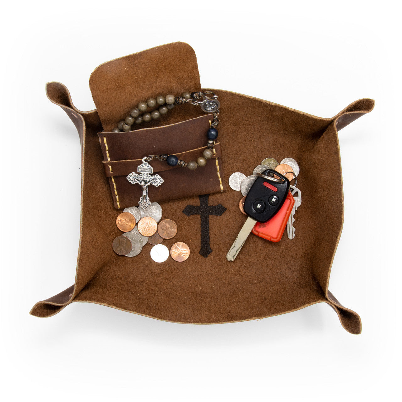 OreMoose || Valet Tray (Amber) - Handmade Leather Catchall Tray with Cross Design