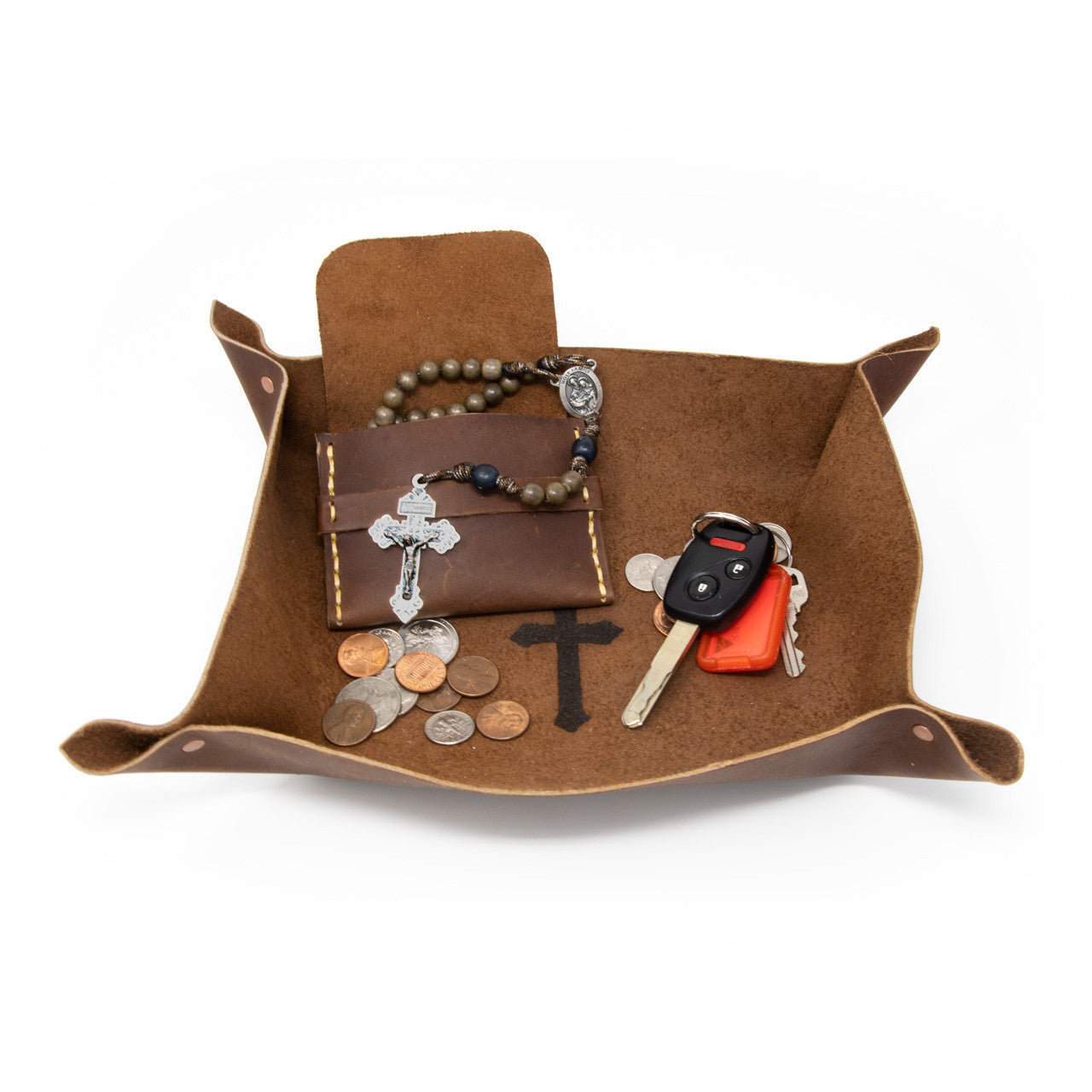 OreMoose || Valet Tray (Amber) - Handmade Leather Catchall Tray with Cross Design