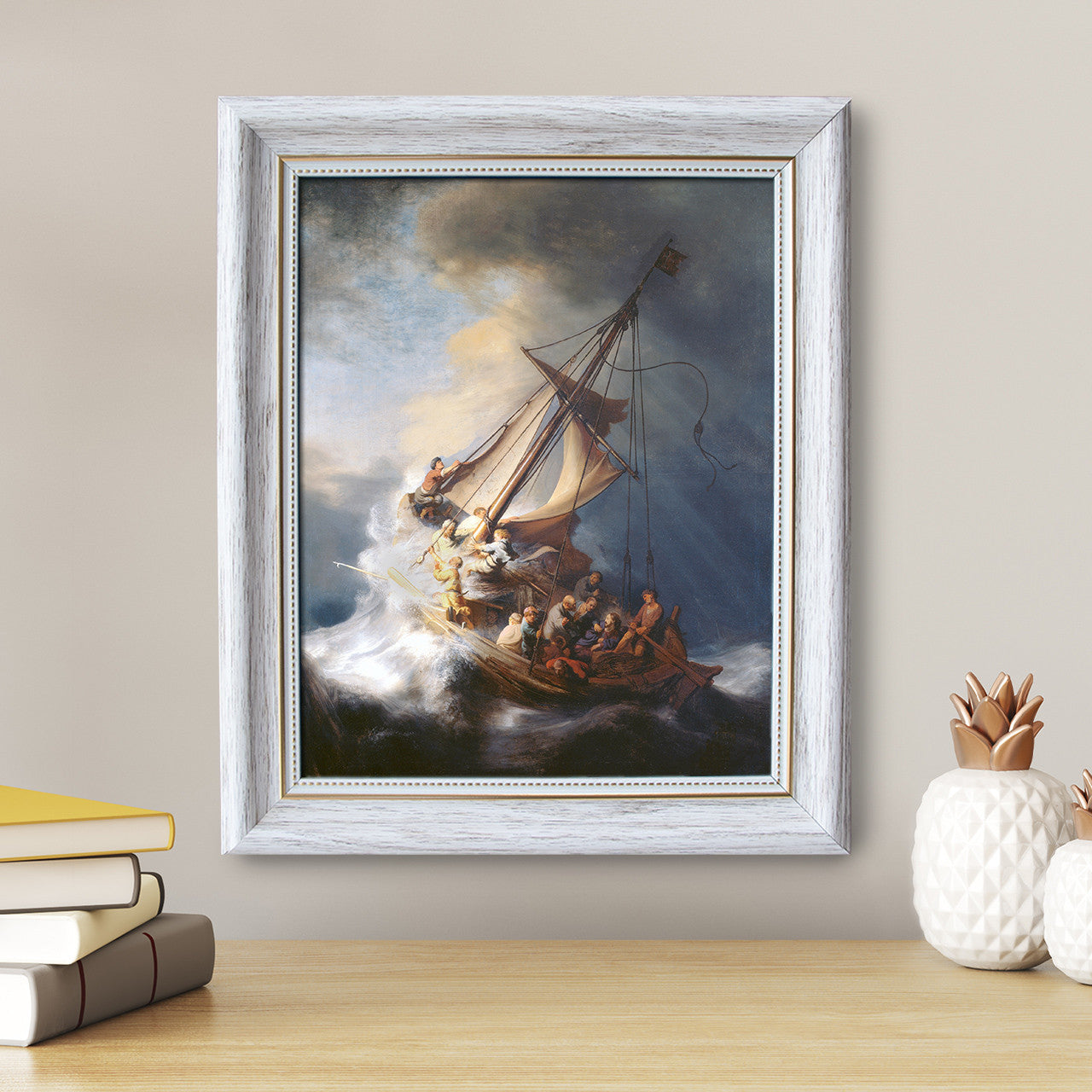 The Storm on the Sea of Galilee painting by Rembrandt (1633) - White Frame - Framed Canvas - 8" x 10" - Divine Mercy Vilnius