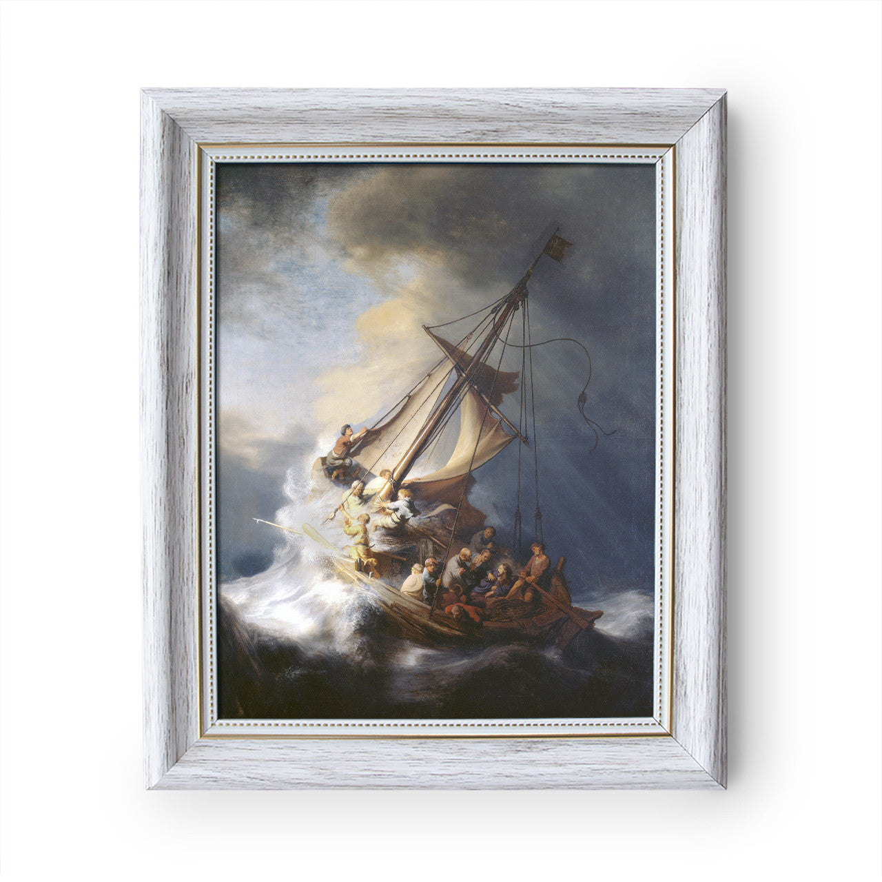 The Storm on the Sea of Galilee painting by Rembrandt (1633) - White Frame - Framed Canvas - 8" x 10" - Divine Mercy Vilnius
