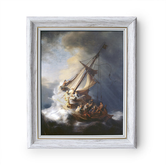 The Storm on the Sea of Galilee painting by Rembrandt (1633) - White Frame - Framed Canvas - 8" x 10" - Divine Mercy Vilnius