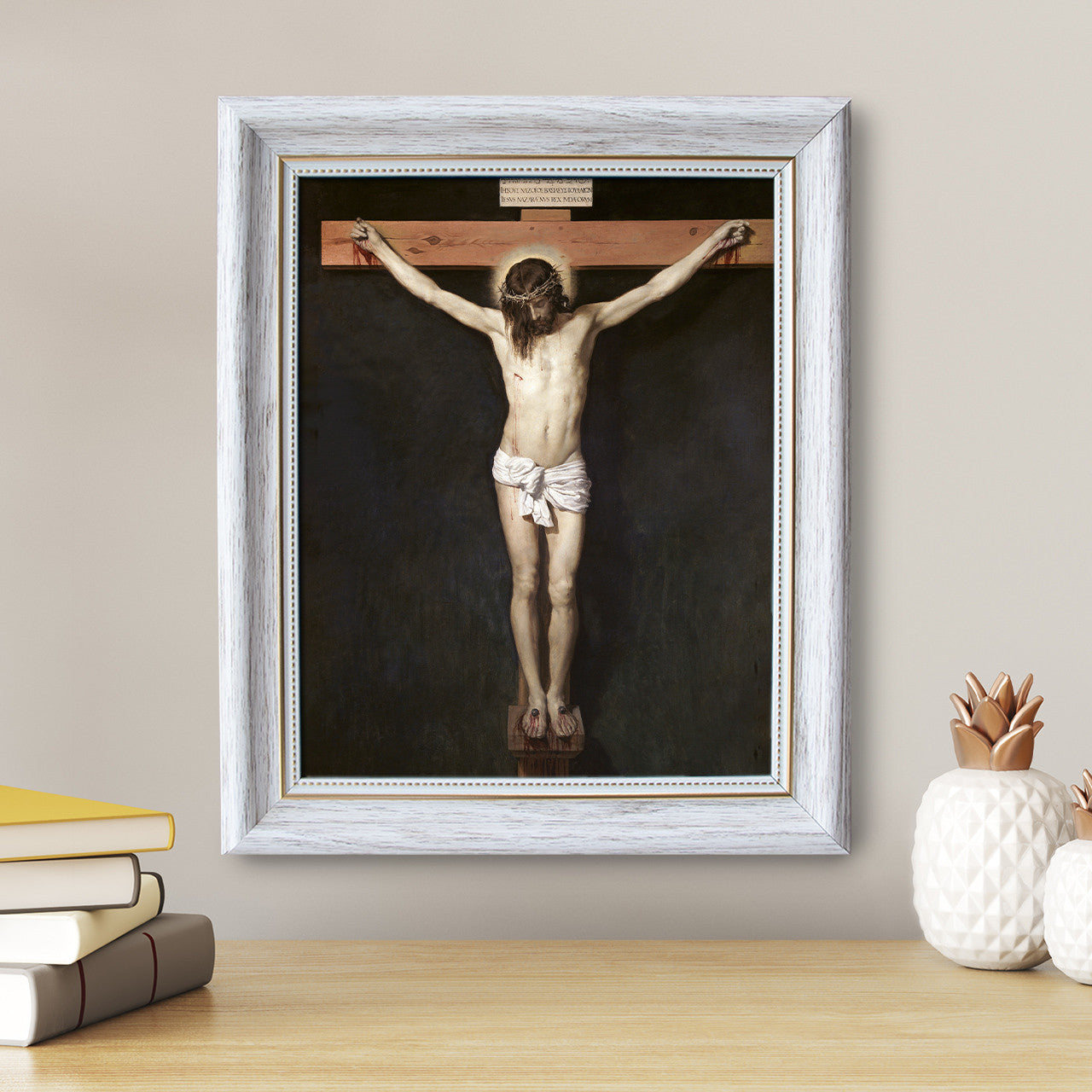 Christ Crucified painting by Diego Velázquez (1632) - White Frame - Framed Canvas - 8" x 10" - Divine Mercy Vilnius