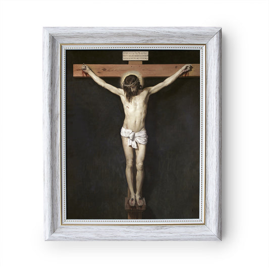 Christ Crucified painting by Diego Velázquez (1632) - White Frame - Framed Canvas - 8" x 10" - Divine Mercy Vilnius
