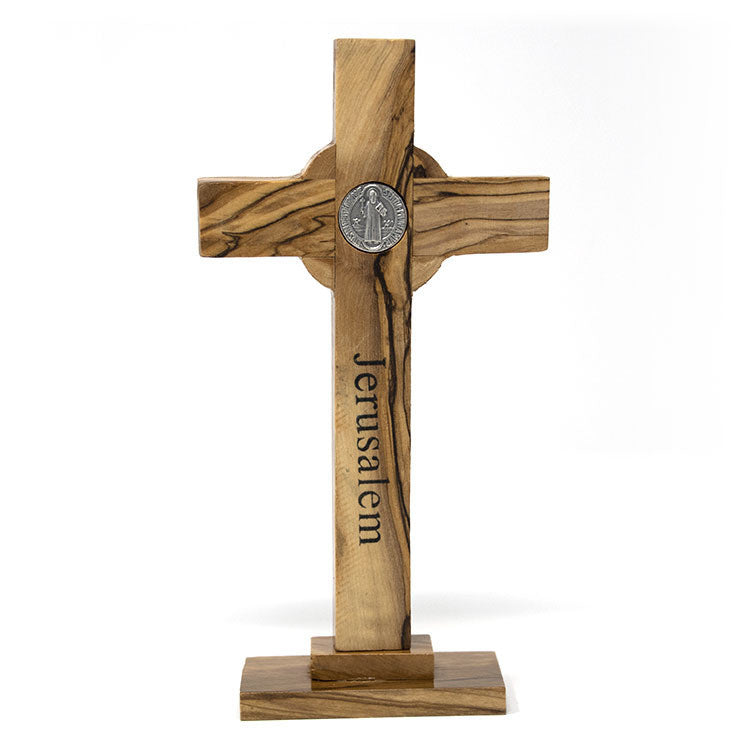 Cross On Stand With Metal Plated Crucifix And Metal Jerusalem Cross
