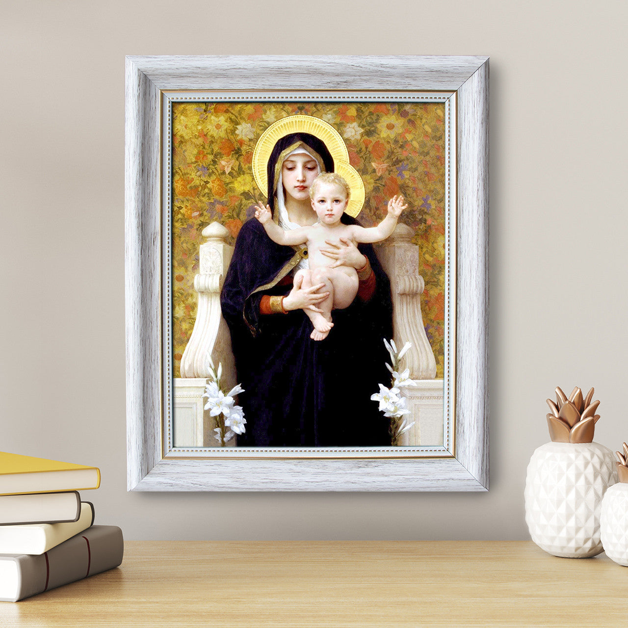 Madonna of the Lilies painting by William-Adolphe Bouguereau (1881) - White Frame - Framed Canvas - 8" x 10"