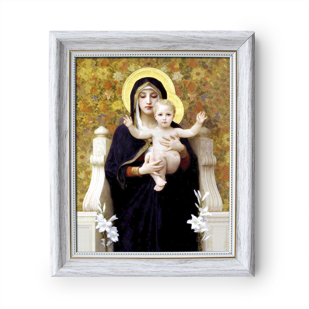 Madonna of the Lilies painting by William-Adolphe Bouguereau (1881) - White Frame - Framed Canvas - 8" x 10"