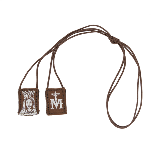 Premium Brown Scapular | Brown and Cream - Our Lady of Mt. Carmel (Mini) - 16in