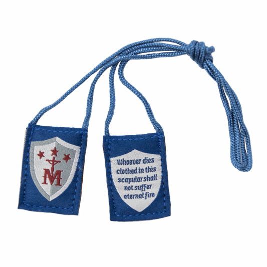Premium Brown Scapular | Blue and White, Shield (Kids Size) - 13.5in