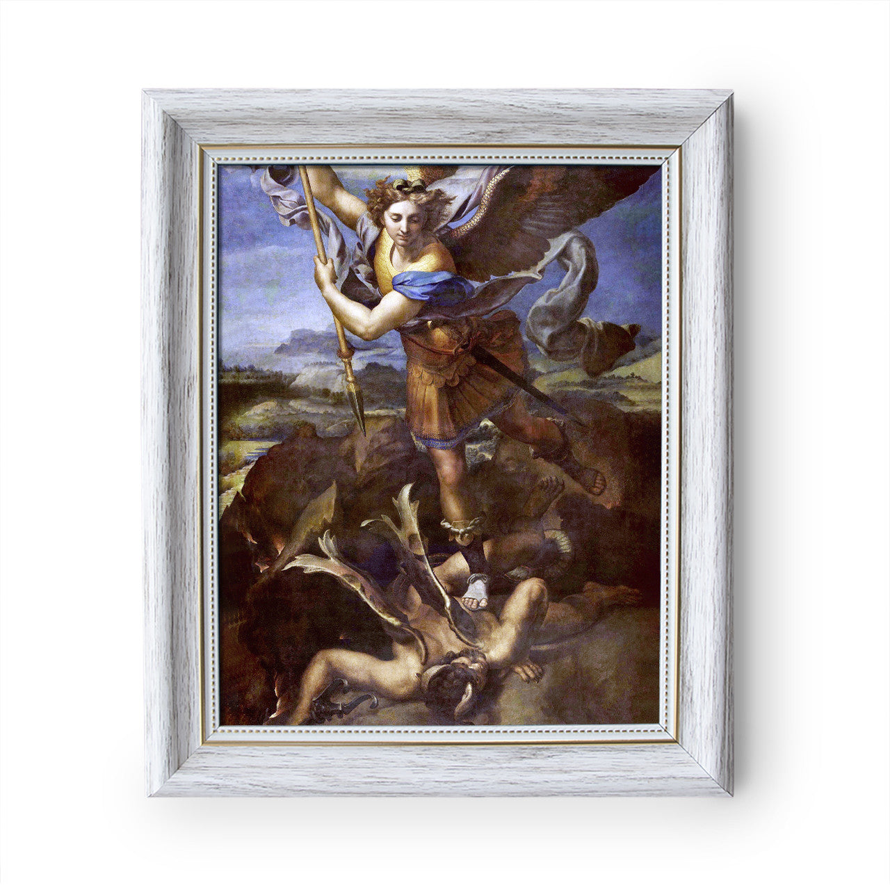 St. Michael Vanquishing Satan painting by Raphael (1518) - White Frame - Framed Canvas - 8" x 10"