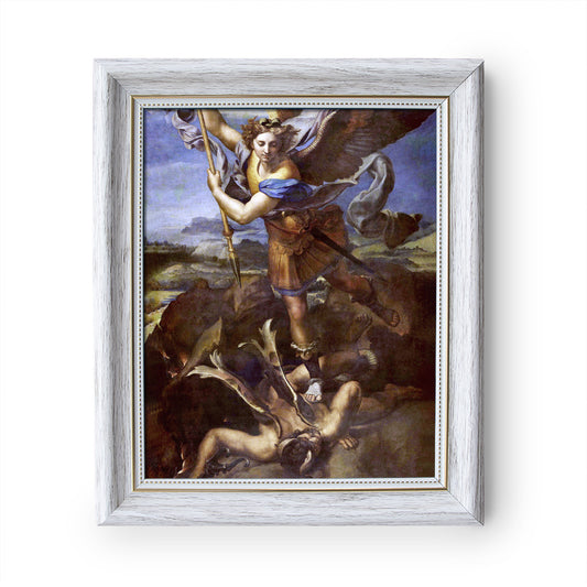 St. Michael Vanquishing Satan painting by Raphael (1518) - White Frame - Framed Canvas - 8" x 10"