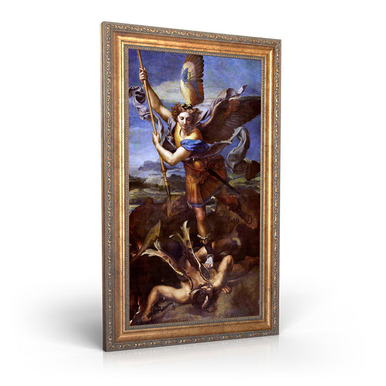 St. Michael Vanquishing Satan painting by Raphael (1518) - Framed Canvas - 12" x 22" - Trampling the Dragon