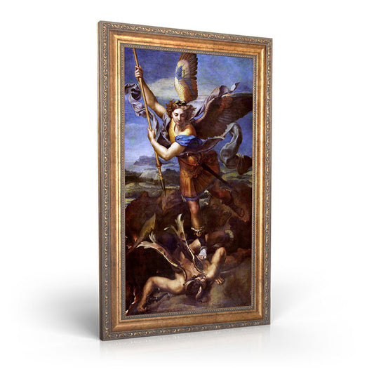 St. Michael Vanquishing Satan painting by Raphael (1518) - Framed Canvas - 12" x 22" - Trampling the Dragon
